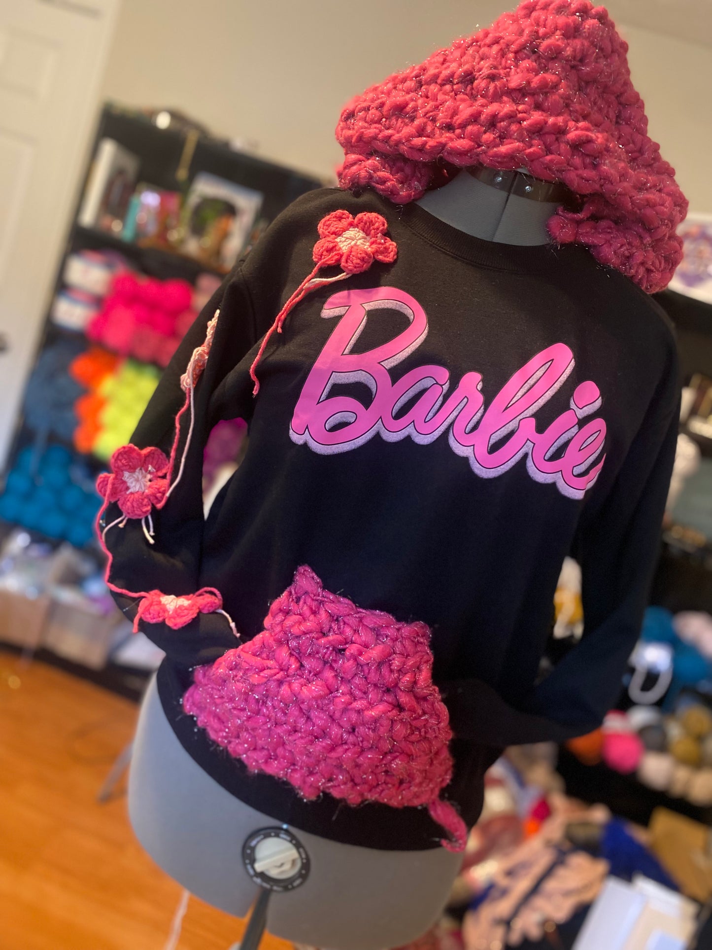 Custom upcycle sweatshirt- crochet& Barbie