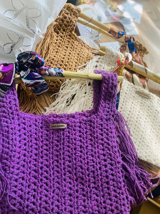 Purple Bamboo fringe crochet handbag, Kreations by V Luxury Crochet Handbag