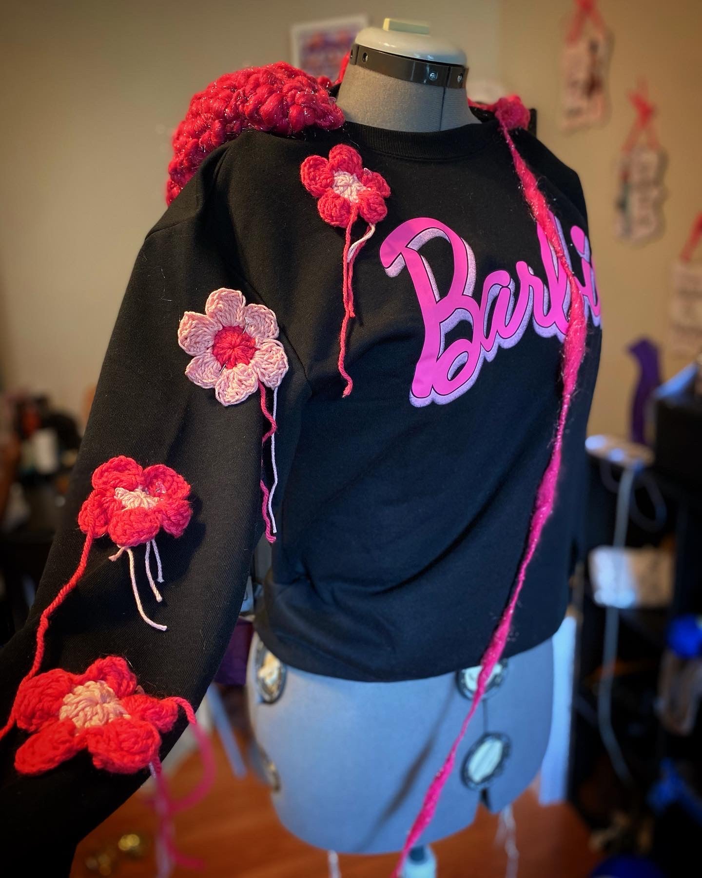 Custom upcycle sweatshirt- crochet& Barbie