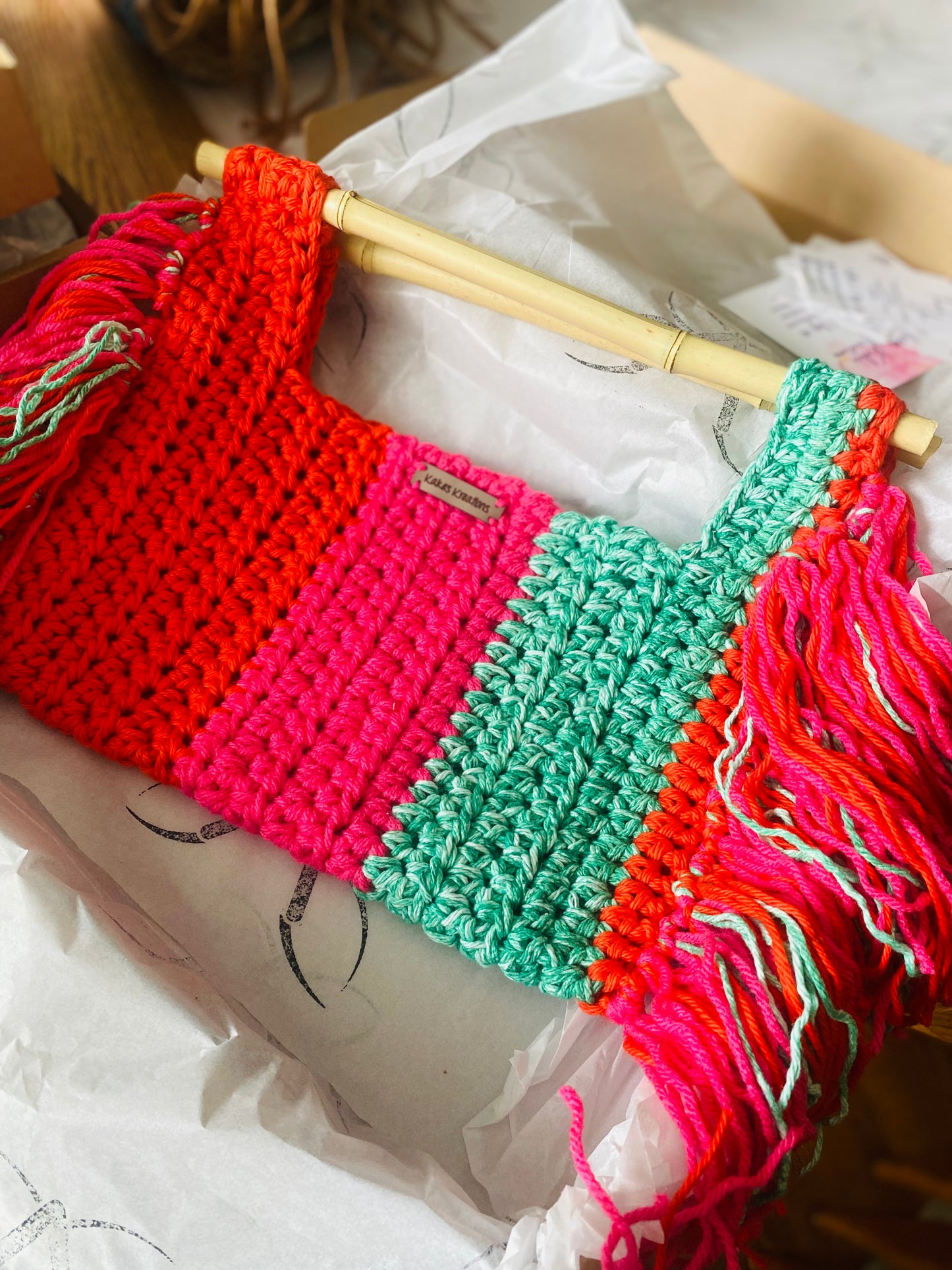 Bamboo fringe crochet handbag, Kreations by V Luxury Crochet Handbag