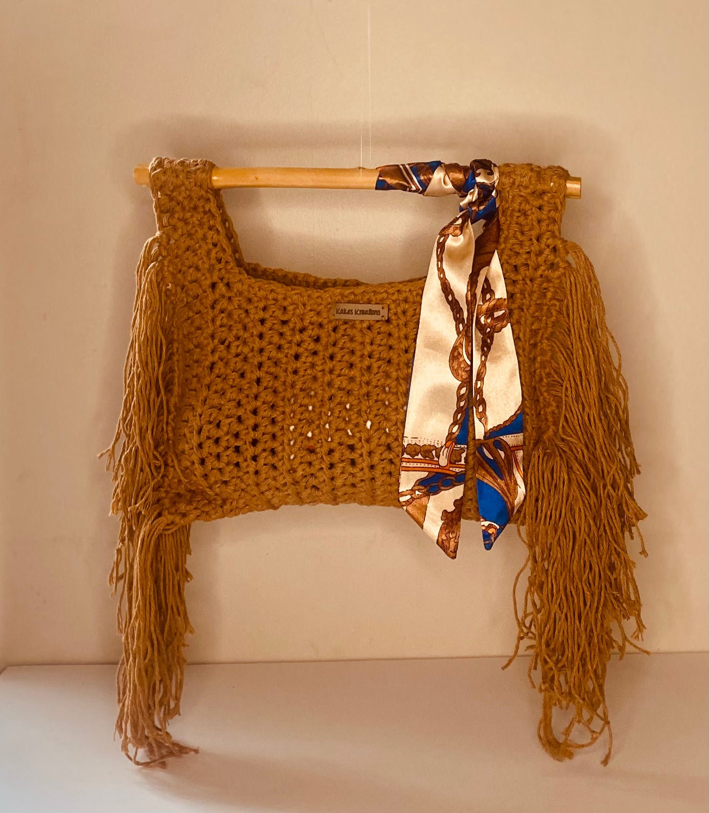 Oak Bamboo fringe crochet handbag, Kreations by V Luxury Crochet Handbag