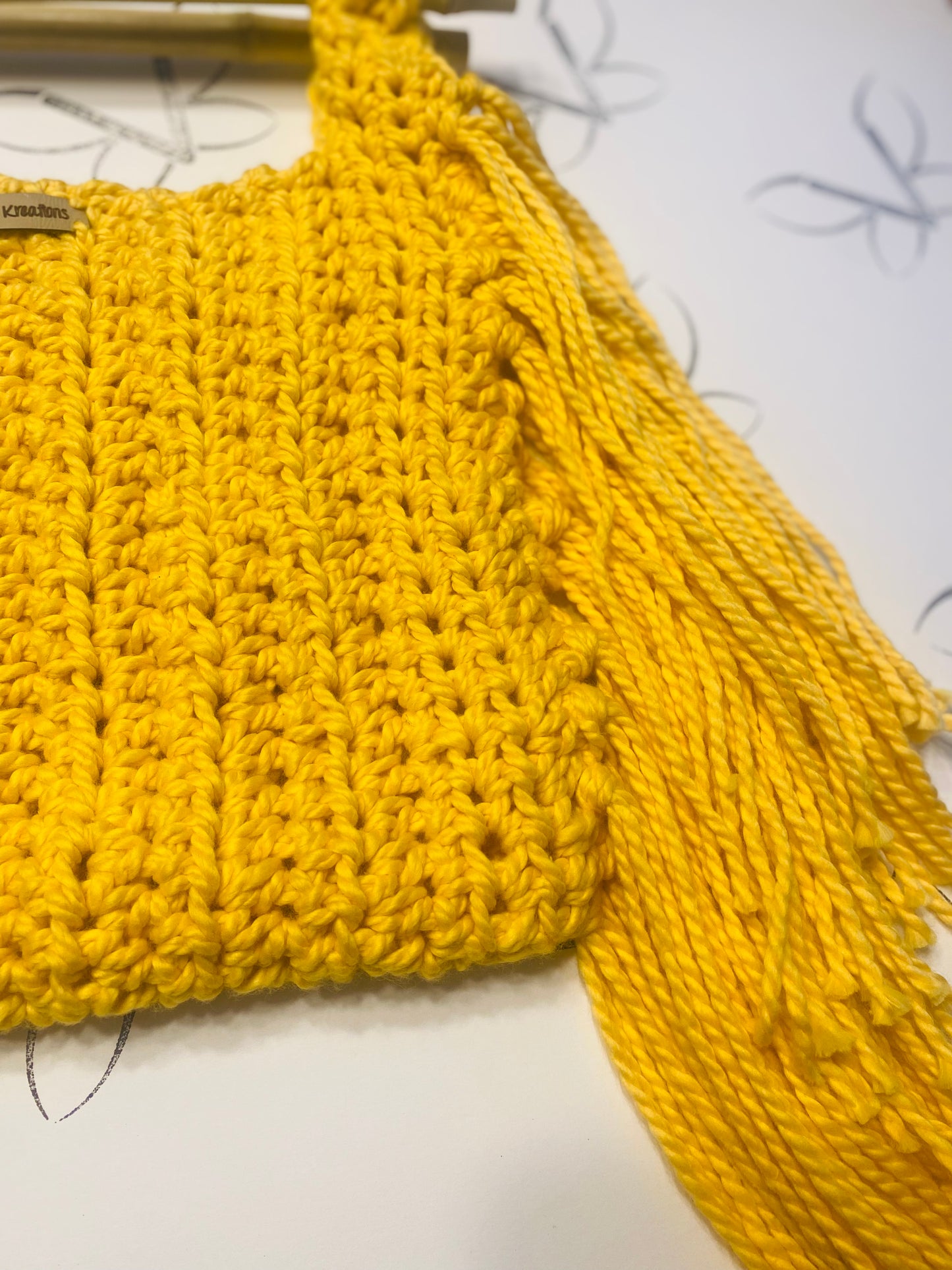 Bamboo fringe crochet handbag, Sunshine, Kreations by V Luxury Crochet Handbag