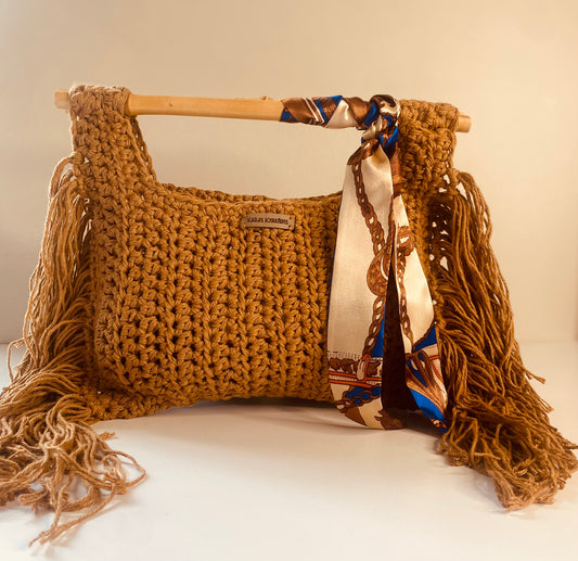 Oak Bamboo fringe crochet handbag, Kreations by V Luxury Crochet Handbag